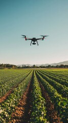 modern agriculture tech. drone flying over an expansive field of crops