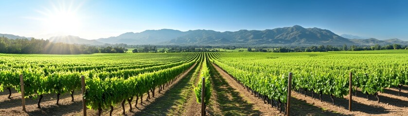 Naklejka premium Scenic vineyard landscape with rows of grapevines under a bright blue sky and distant mountains, perfect for wine lovers and nature enthusiasts.