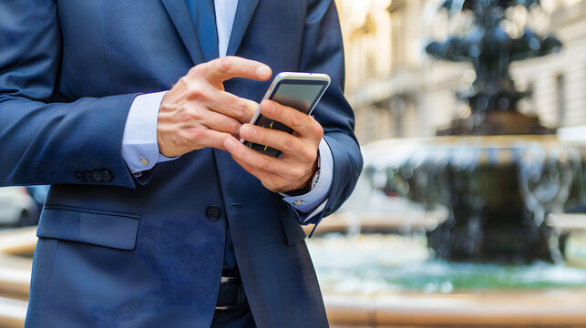 A businessperson in a tailored navy suit scrolling on their smartphone near a city fountain.