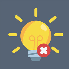 yellow bulb light with wrong sign in flat vector design.