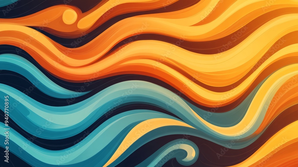Poster vibrant abstract waves with blue and orange hues creating a dynamic and energetic pattern, perfect f