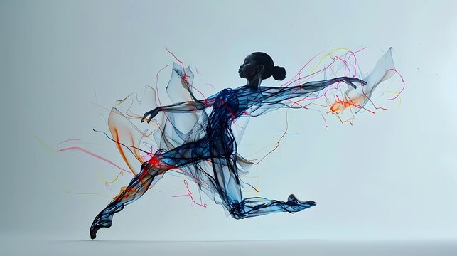A graceful dancer caught in mid-motion, dancer's figure is outlined with vivid, hand-drawn lines, contrasting sharply with the smooth, realistic background, Generative AI illustrations.