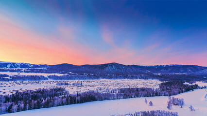 The villages, forests, and snow scenery of Hemu Village in Xinjiang, China