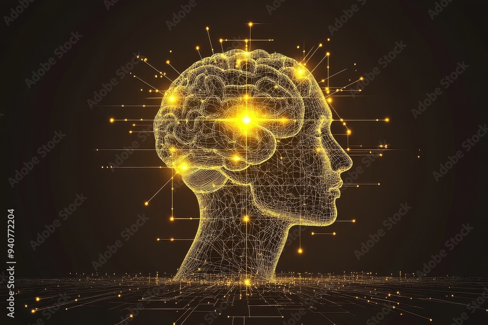Poster futuristic digital portrait of a human head with glowing neural connections symbolizing intelligence