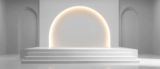 Obraz premium Minimalist White Platform with Arches Glowing. Luxury Minimal Scene For Cosmetic Products. Showcase, Stage Product Display Podium. Promotion Display. AI generated image