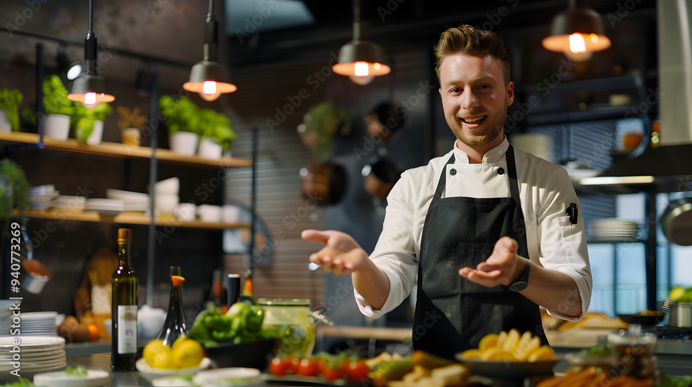 Poster a charismatic chef explains a new recipe using an interactive kitchen screen in a cooking show studi