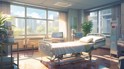 Empty hospital room with a bed, medical equipment, windows with city view, and sunlight.