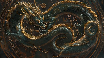 A majestic dragon wrapped around a surface, with intricate scales highlighted in gold, Generative AI illustrations. 