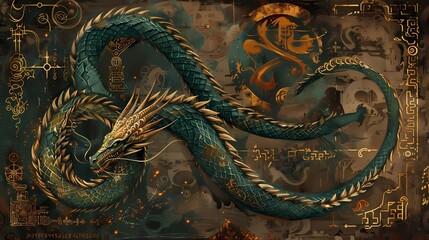 A majestic dragon wrapped around a surface, with intricate scales highlighted in gold, Generative AI illustrations. 