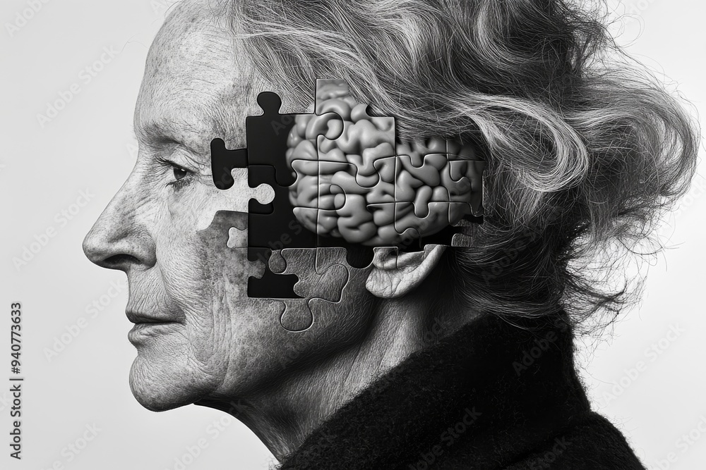 Poster rustic digital portrait of an elderly woman with a brain puzzle symbolizing cognitive complexity mem