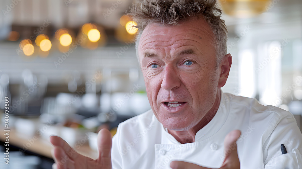 Poster a charismatic chef explains a new recipe using an interactive kitchen screen in a cooking show studi