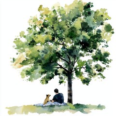 watercolor painting of a person sharing a blanket with a pet under a cozy oak tree, on isolated white background