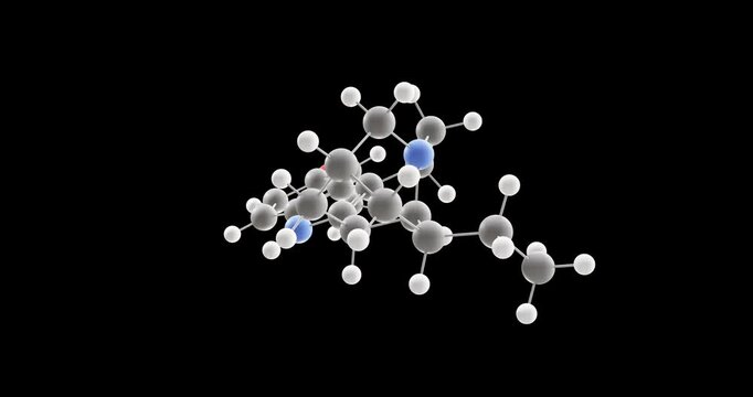 Ibogaine molecule, rotating 3D model of psychoactive substance, looped video on a black background
