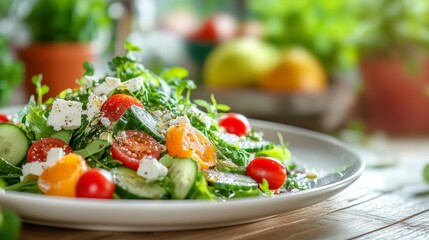 A vibrant salad on a white plate, bright with greens, tomatoes, and feta, looks appetizing and fresh.