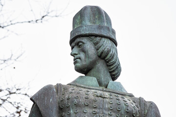 Statue of Gil Eanes next to the wall of the castle of Lagos, Algarve, Portugal