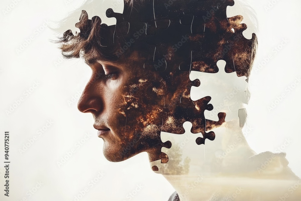 Poster surreal digital portrait of a man with puzzle pieces symbolizing cognitive complexity mental health 