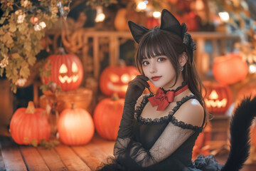 ハロウィンをテーマに黒猫の仮装をしている若い日本人女性(美人モデル)