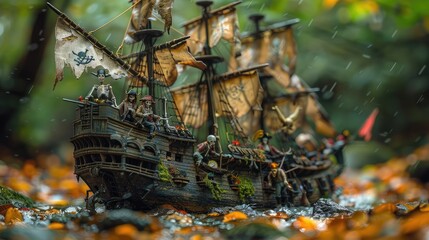 Fototapeta premium Vintage pirate ship model in a forest stream, miniature wooden galleon with tattered sails, cinematic fantasy adventure scene in nature