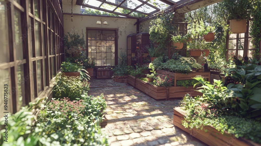 Wall mural  A room brimming with numerous potted plants adjacent to a brick floor, now verdant with growth, and overhead, a glass roof