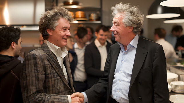 A chef and food critic shaking hands in a bustling kitchen 