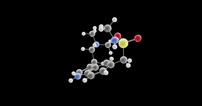 Sumatriptan molecule, rotating 3D model of selective serotonin agonists, looped video on a black background