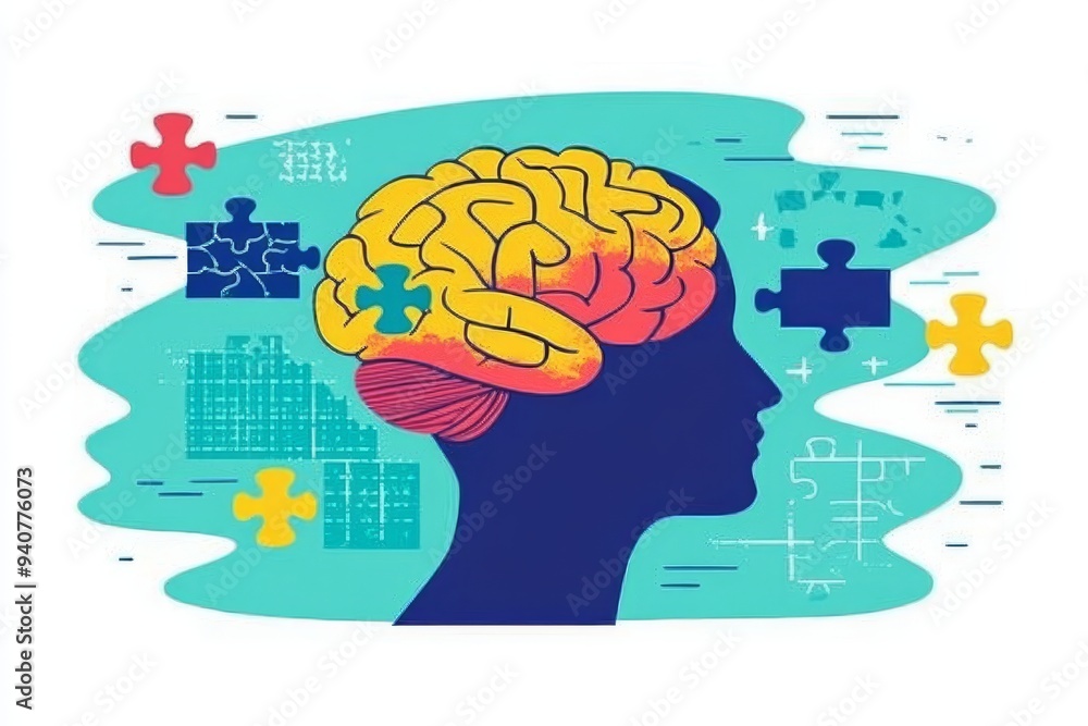 Poster colorful abstract illustration highlighting brain health and cognitive function with a puzzle and br