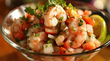A juicy, colorful ceviche with fresh shrimp, diced tomatoes, onions, and cilantro, served in a glass bowl.