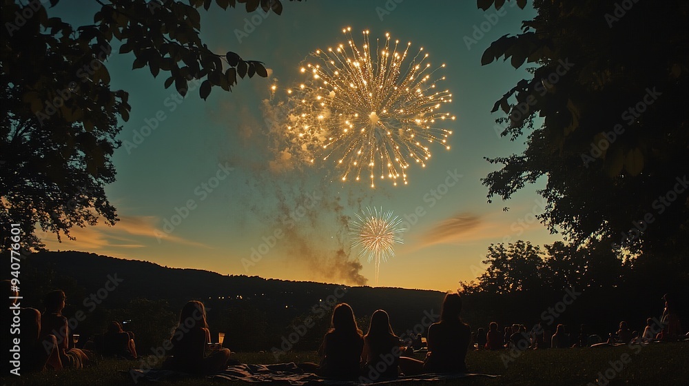 Wall mural Fireworks lighting up the night sky as people watch in a park