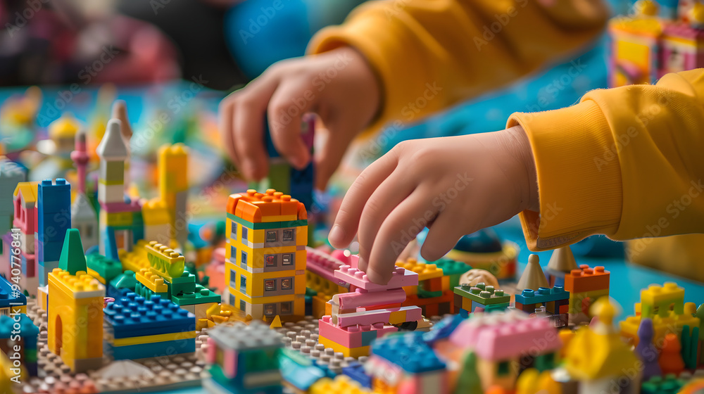 Poster a child creating a fantasy town diorama with colorful building blocks. close-up of small hands arran