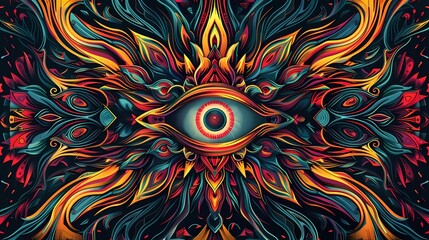 A symmetrical colorful mandala pattern with an eye in the center, on a black background, intricate, psychedelic art with hyperdetailed 3D, Generative AI illustrations. 
