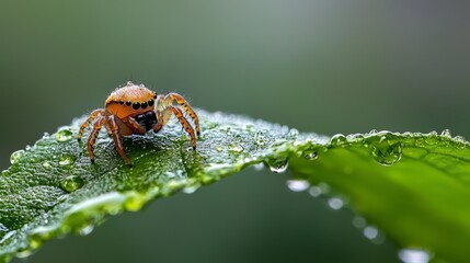  A close-up of a spider on a leaf with dewdrops in the background