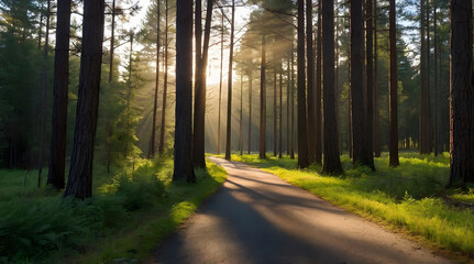 Obraz premium Sunbeams Shining Through Tall Trees on a Path in a Forest