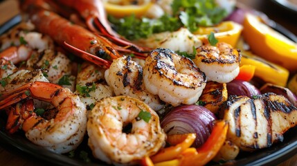 A juicy, colorful platter of grilled seafood, including shrimp, scallops, and lobster, with a side of vibrant roasted vegetables.