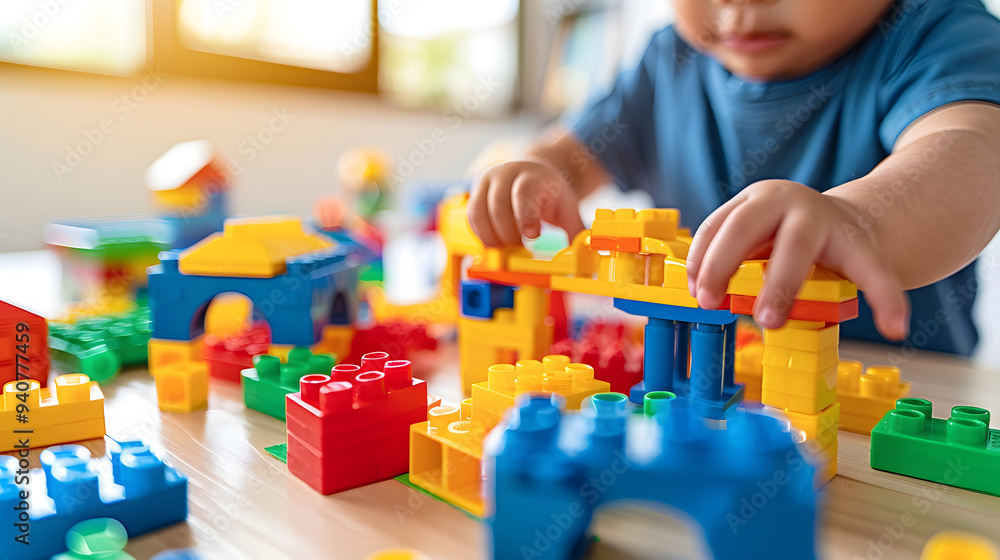 Poster a child creating a fantasy town diorama with colorful building blocks. close-up of small hands arran