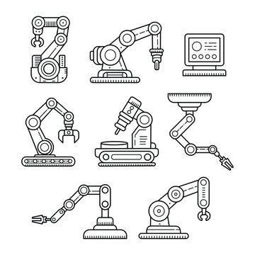 Automated robotic arm, Mechanical hand robot outline doodle hand drawn. Modern industrial technology automation vector illustration