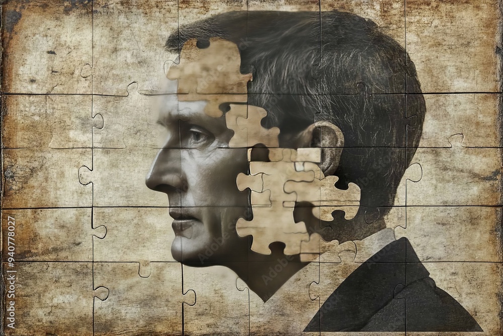 Poster portrait of a man with a brain shaped puzzle piece missing from his head symbolizing cognitive chall