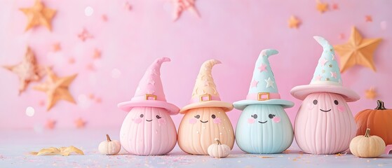 Whimsical Pastel Kawaii Halloween Witches with Oversized Hats Pumpkins and Colorful Broomsticks on Soft Bokeh Background  Magical Spooky and Festive Autumn Concept