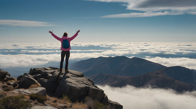 Woman with arms outstretched on a mountaintop above the clouds