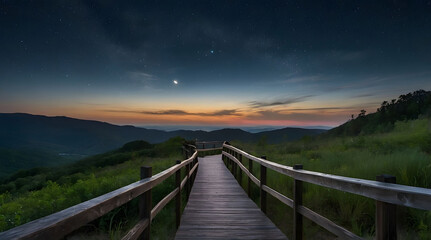 Wooden Walkway Leading Towards a Starry Night Sky Over Mountain Range