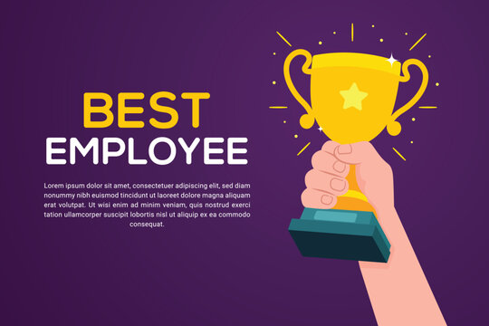 Top employee, best Employee, competition winner and best performence. Hand holding trophy in flat style vector illustration