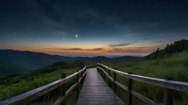 Wooden Walkway Leading Towards a Starry Night Sky Over Mountain Range