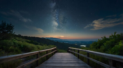 Wooden Bridge Leading to a Night Sky with the Milky Way Galaxy