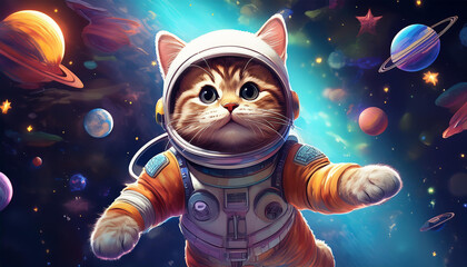  a cat in a spacesuit floating in space
