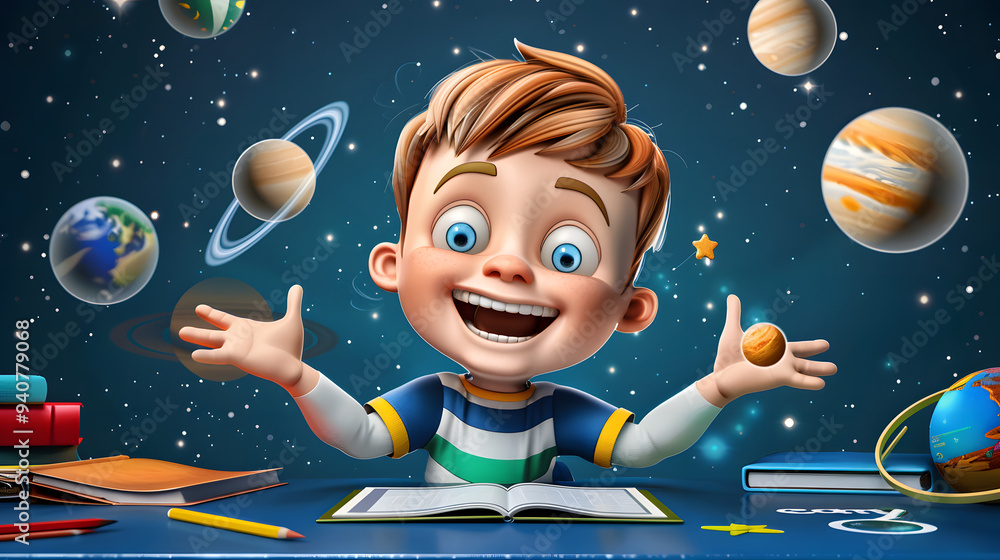 Poster a child sitting at his desk in the classroom with planets and stars floating around him. surrounded 