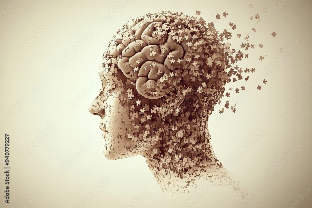 Poster abstract brain made of crumbling particles representing the fragility of mental health the disintegr