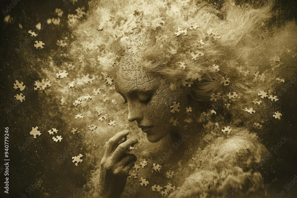 Aufkleber artistic depiction of a face dissolving into particles symbolizing the fragility of the human mind m