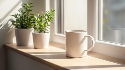 Fototapeta premium Sunlit coffee mug and potted plants on a windowsill in a bright morning