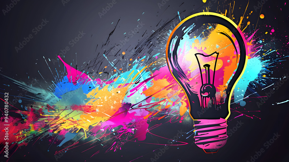 Poster a colorful light bulb with splashes of paint. creativity and innovation in design. the background is