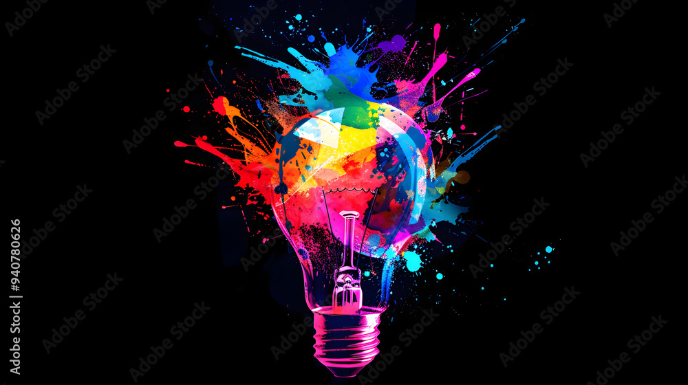 Poster a colorful light bulb with splashes of paint. creativity and innovation in design. the background is