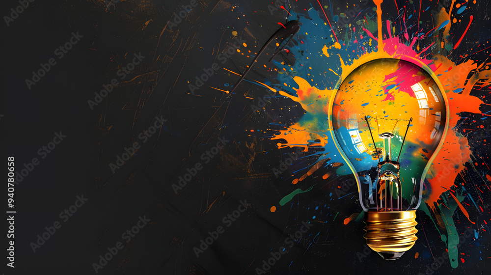 Poster a colorful light bulb with splashes of paint. creativity and innovation in design. the background is